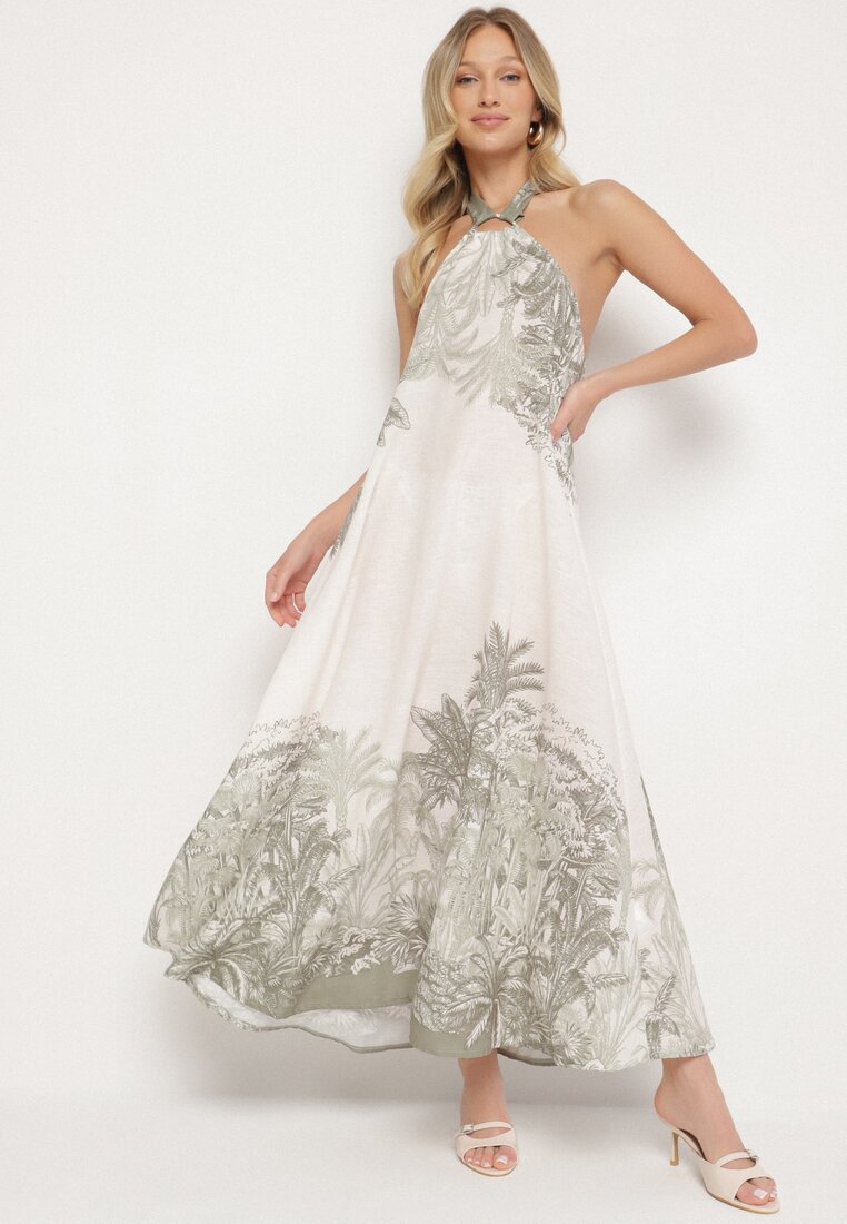 Rochie Verde din Viscoză și Motiv Palmier cu Legătură Izomara