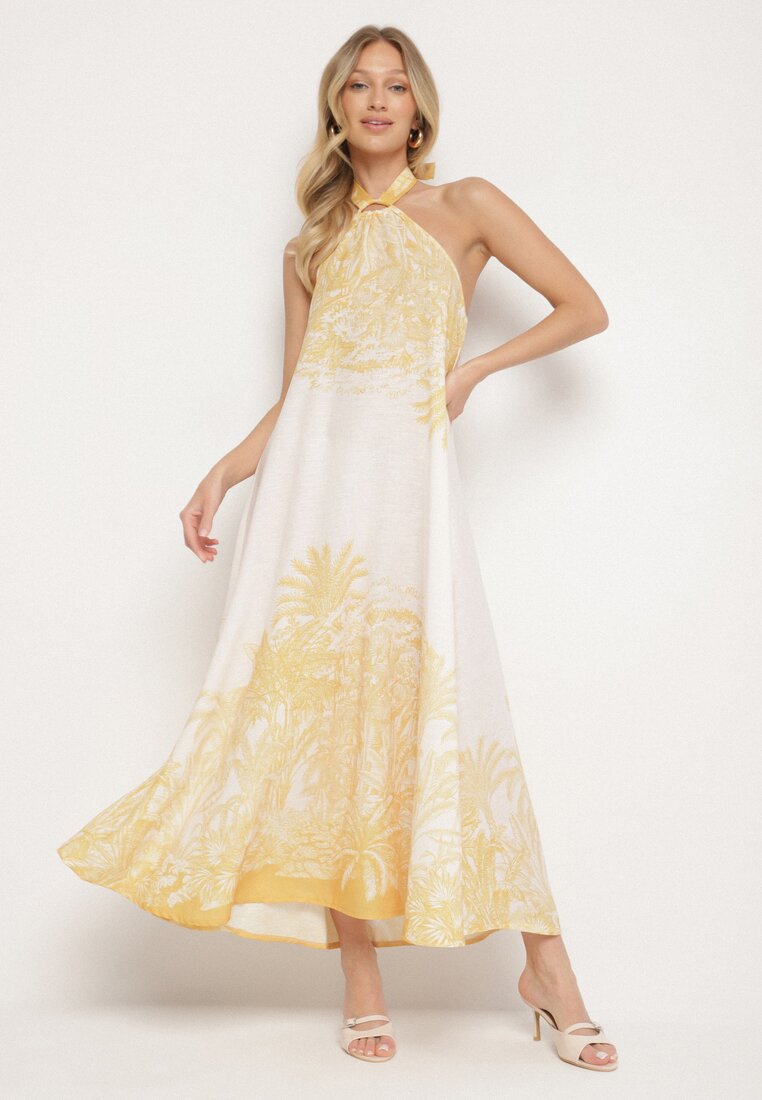 Rochie Galbenă cu Vâscoză și Motiv de Palmieri cu Legătură Izomara