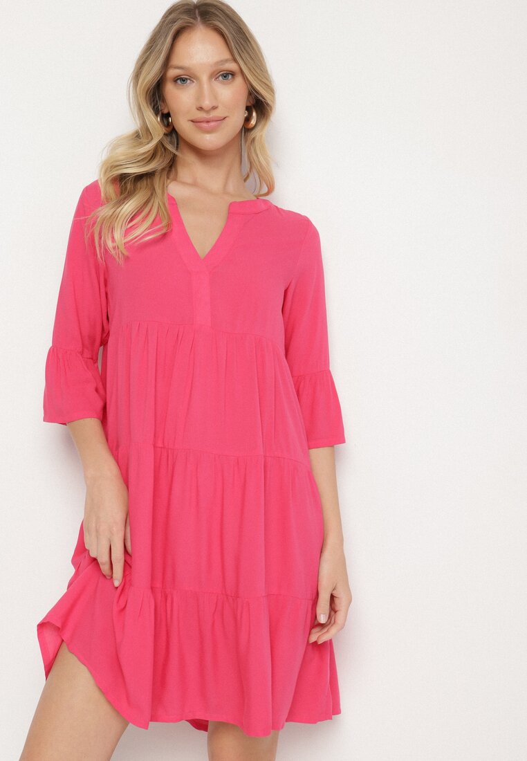 Rochie Roz închis Evazată din Viscoză cu Volane Izleia