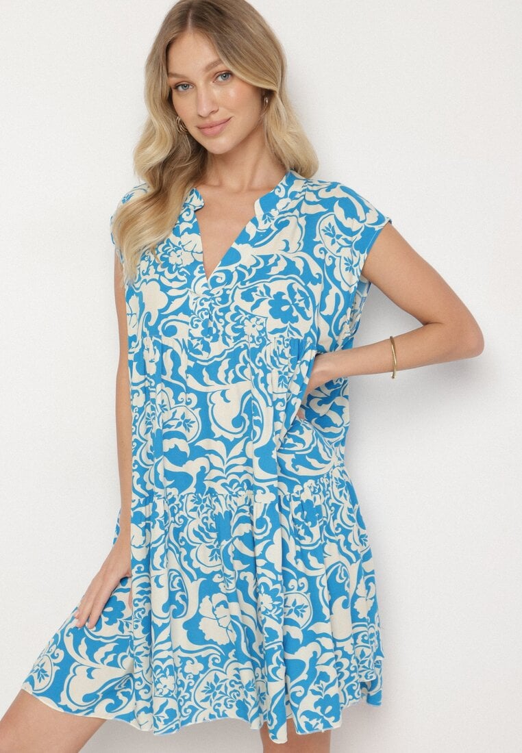 Rochie din bumbac albastră croială oversize cu model ornamental Izelona