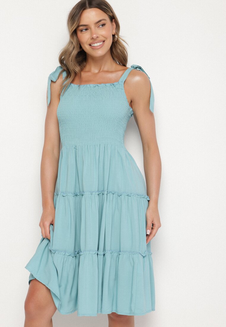 Rochie Evazată Albastru Deschis din Viscoză cu Bretele Legate Aralisse