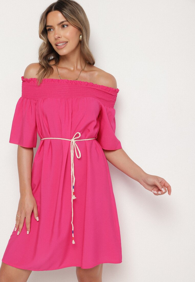 Rochie Fucsia cu vâscoză, bumbac, decolteu spaniol și șnur Lilarenne