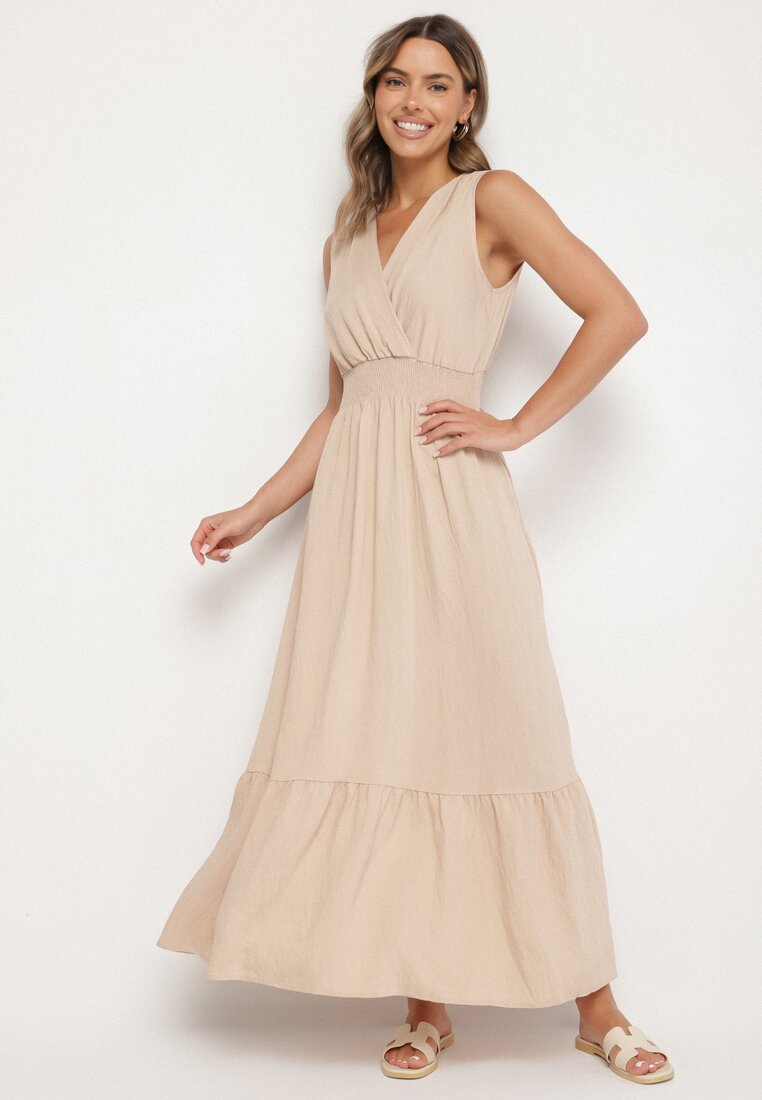 Rochie Bej Tip Plic din Viscoză Fără Mâneci Nalimira