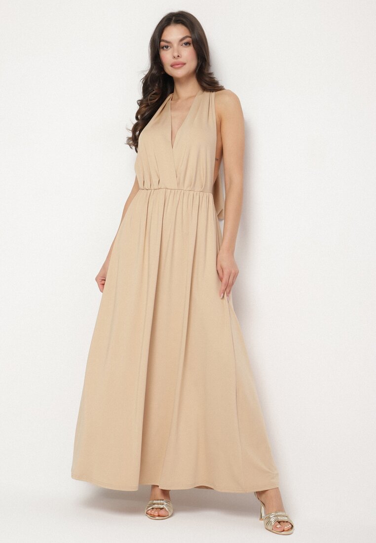 Rochie Bej De cocktail Multiway din Viscoză și cu Legare la Gât Lilazza