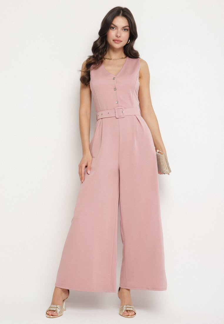 Salopetă Roz Cambrată din Viscoză Decorată cu Centură Ralinelle