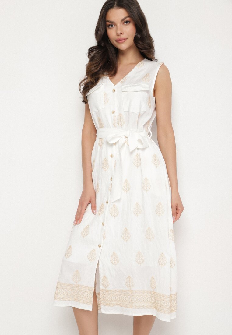 Rochie Cămașă din Viscoză Albă cu broderii cu curea Araverra