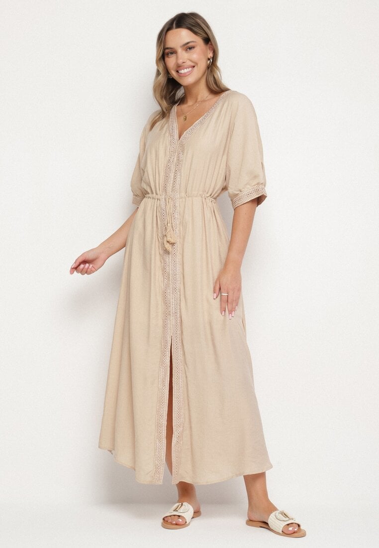 Rochie din vâscoză bej cu bordură ajurată Aravellea