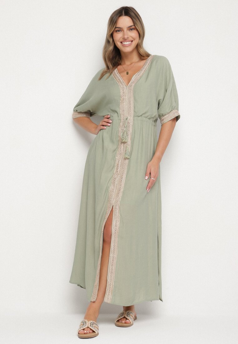 Rochie Verde Din Viscoză cu Bordură Ajurată Aravellea