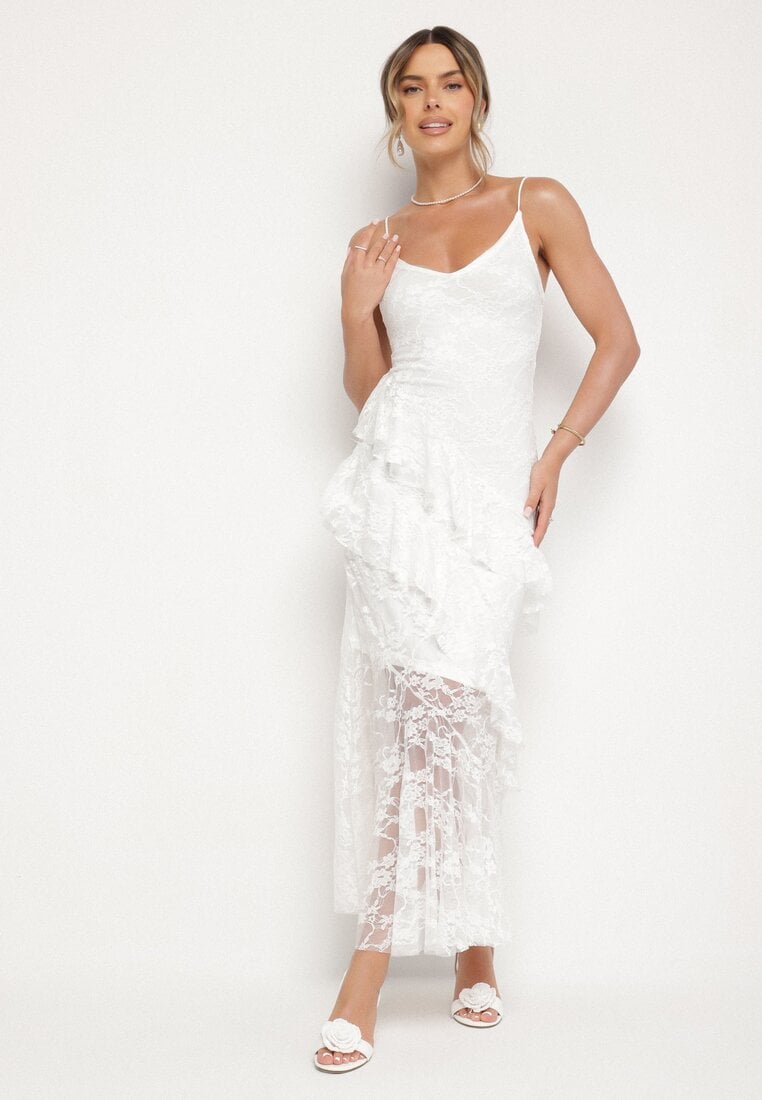 Rochie Albă din Dantelă cu Bretele Împodobită cu Volane Aravelle