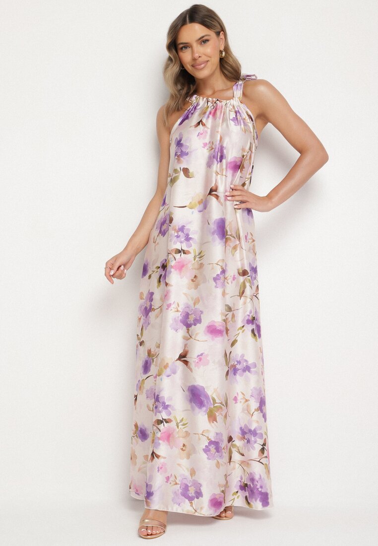 Rochie mov de satin cu flori Fenaresia