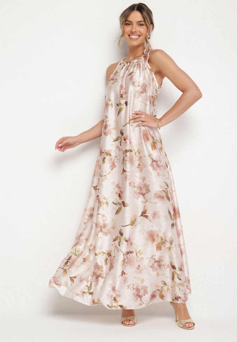 Rochie Bej Satin cu flori Fenaresia