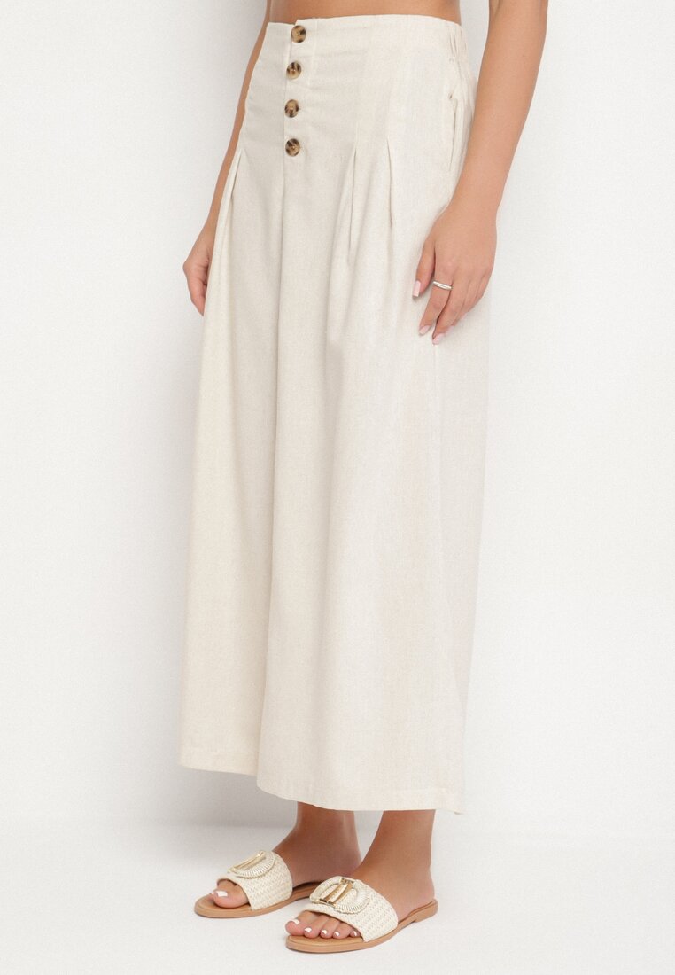Pantaloni culotte bej din bumbac cu nasturi decorativi și talie înaltă Izella