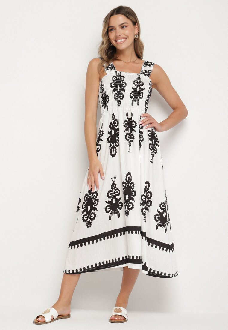 Rochie Albă Viscoză Croi evazat cu model ornamental Adoxie