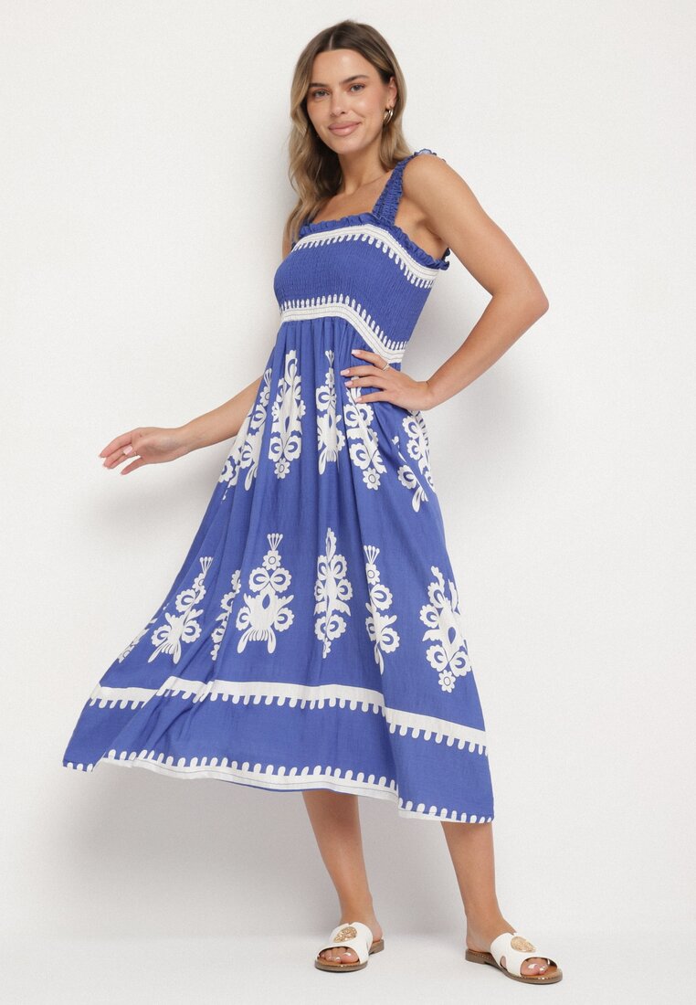 Rochie Albastră din Viscoză cu croi evazat și model ornamental Adoxie