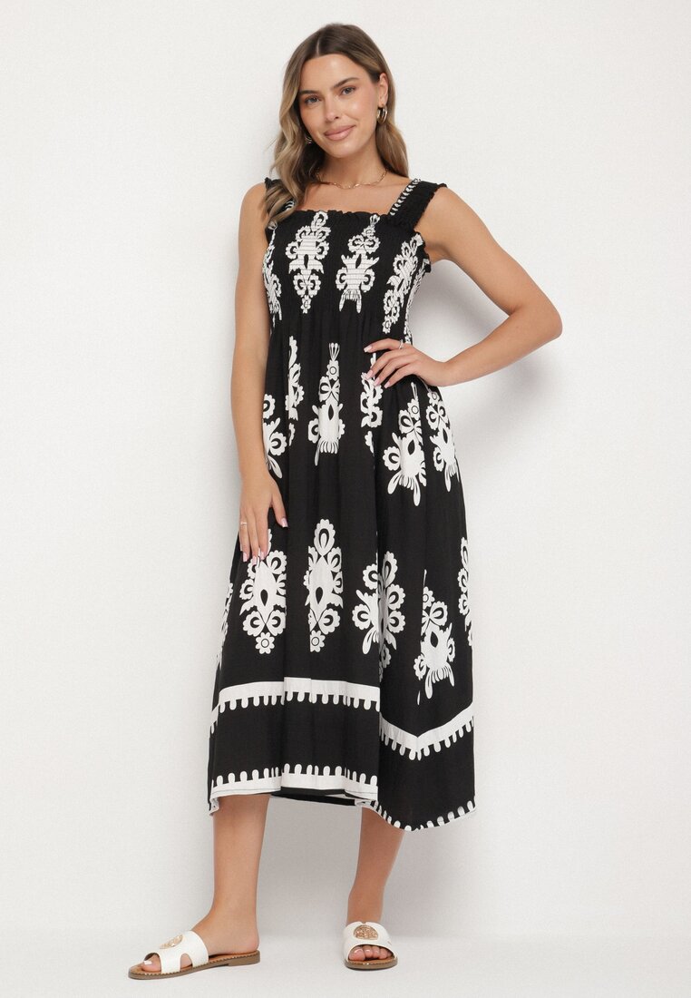 Rochie neagră din viscoză cu croi evazat cu model ornamental Adoxie