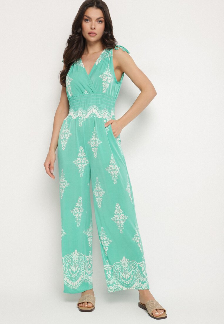 Salopetă Verde cu model oriental și decolteu în V Izena