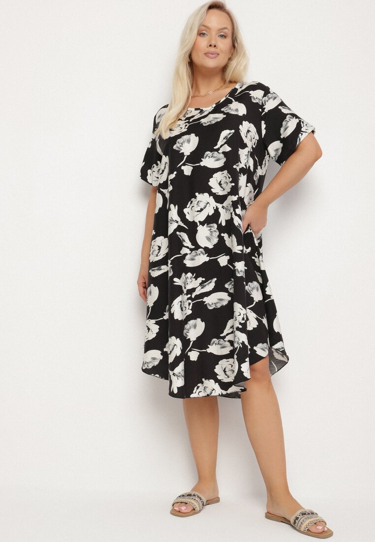 Rochie Neagră dreaptă din vâscoză cu imprimeu floral Aranessa