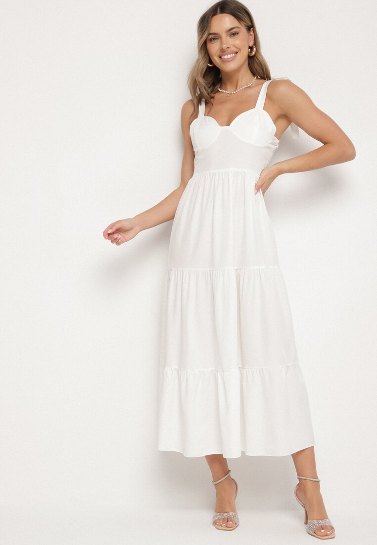 Rochie Evazată Albă din Vâscoză Ornată cu Nod pe Bretele Meravessa