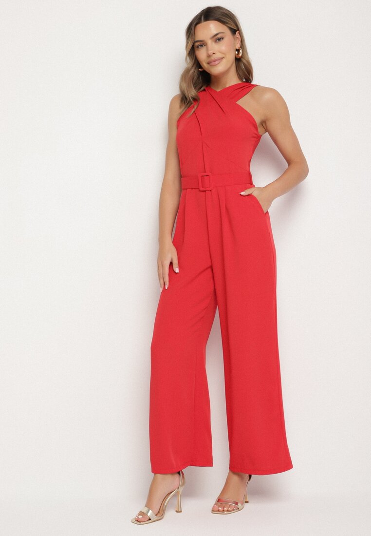 Salopetă Roșie Cambrată Decorată cu Centură Dollivia