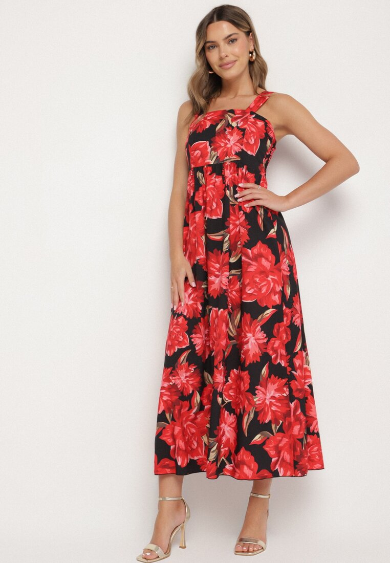 Rochie Negru Evazată cu Vâscoză cu Imprimeu Floral Nilarune