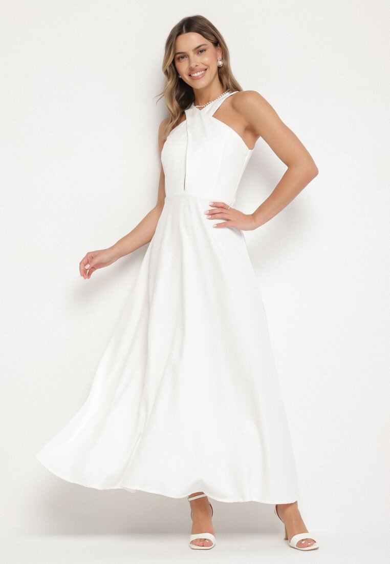 Rochie Albă Cloș cu Vâscoză și Decolteu tip halter Dolienna
