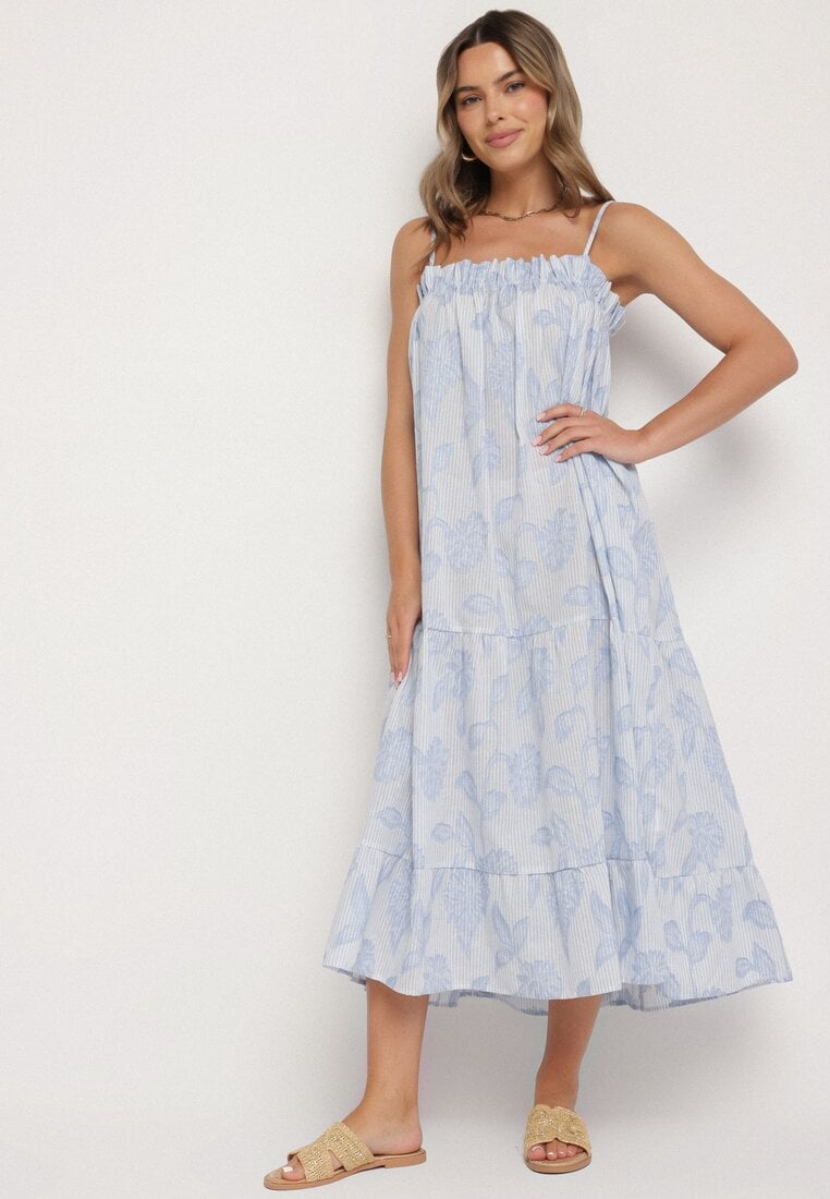 Rochie Albastră Cloche din Bumbac Decorată cu flori Merialea