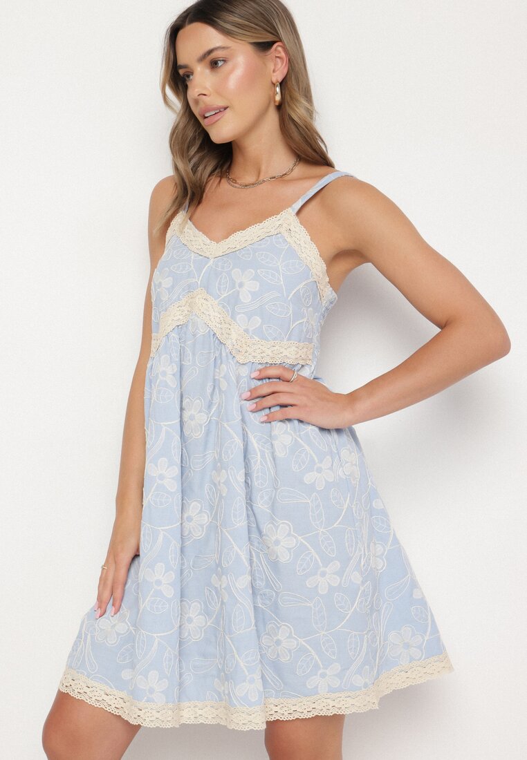 Rochie Albastră din bumbac Florală cu broderie Nilacine