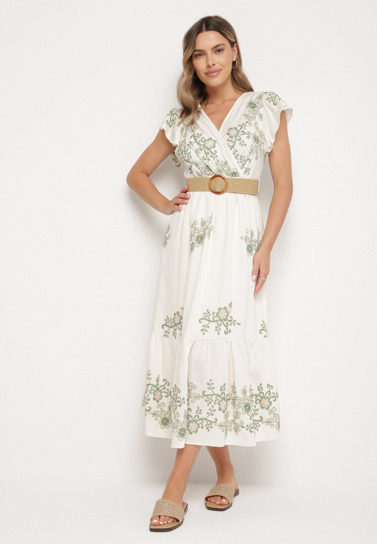 Rochie Alb-Verde din Viscoză cu Decolteu petrecut și Curea Nilazea