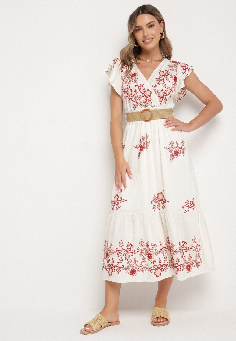 Rochie Albă-Roșie din Viscoză cu Decolteu Petrecut și Curea Nilazea