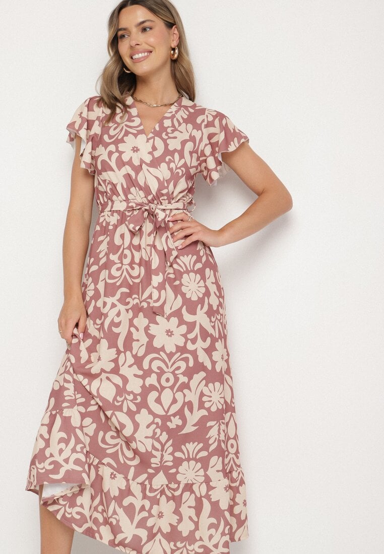 Rochie Bej închis cu croială evazată cu flori și curea Nilatra