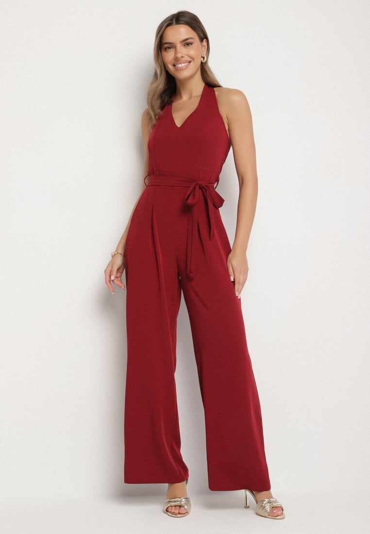 Salopetă Bordo Cintrată cu Curea Legătură și Spate Decupat Malurea