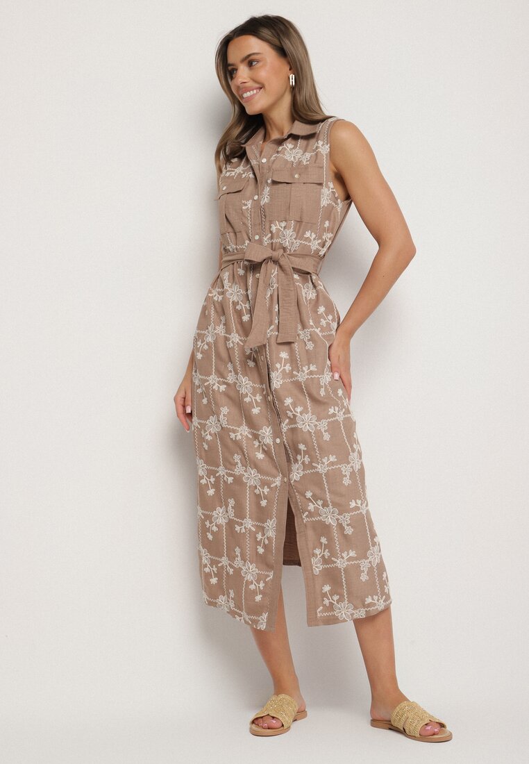 Rochie bej închis fără mâneci, cu croi de cămașă, cu curea, brodată Fodarela