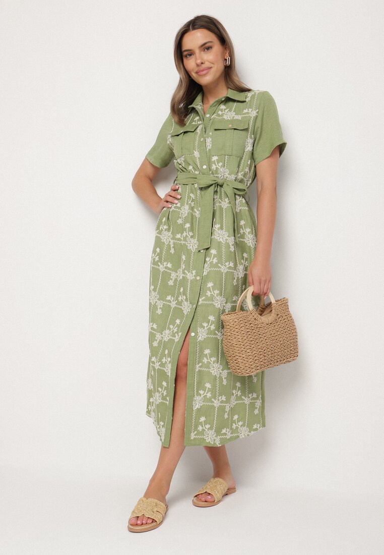 Rochie Verde cu Croi Tip Cămașă cu Curea Legată și Broderie Malavea