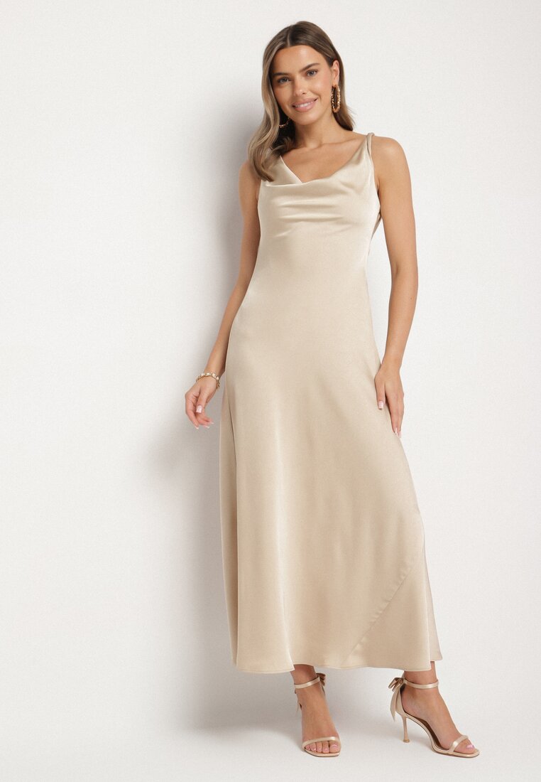 Rochie Bej Vices cu Spate Decorativ și Legătură Zimea