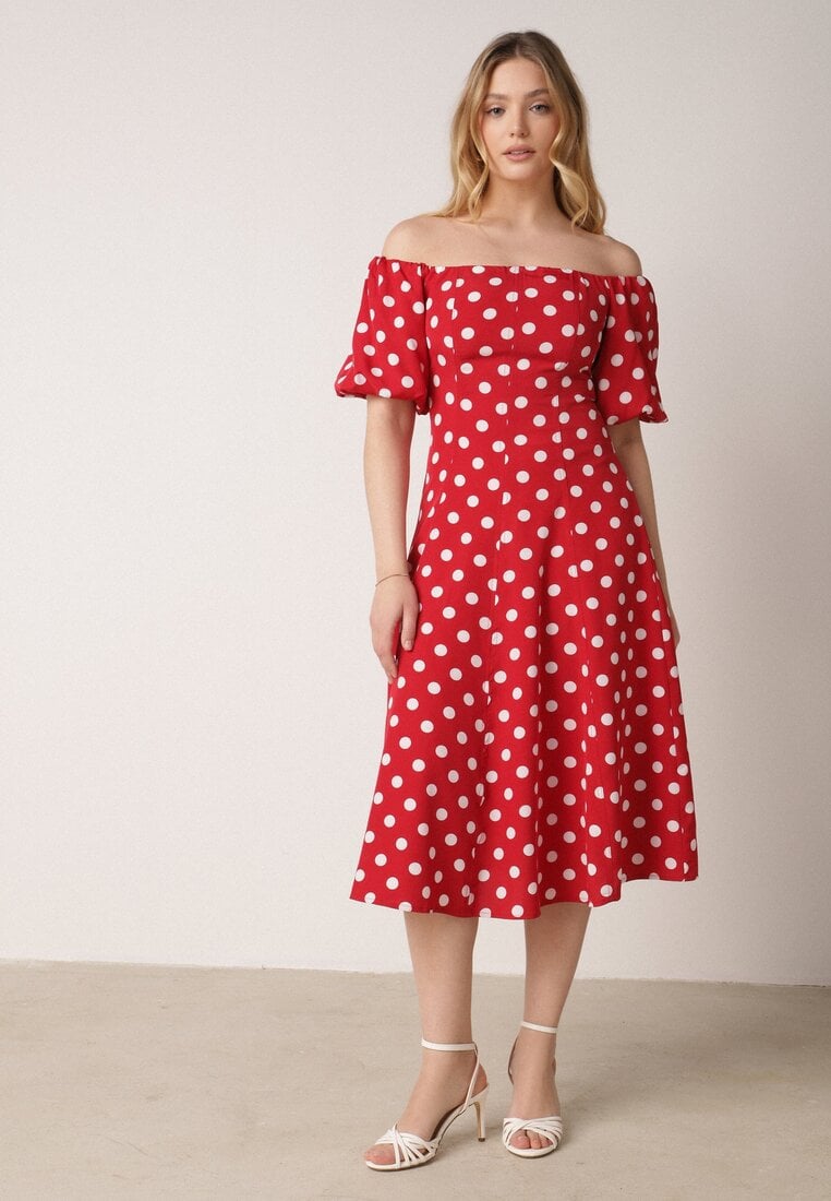 Rochie Roșie Cloș Vices Cu buline Cu decolteu tip spaniol Zimina