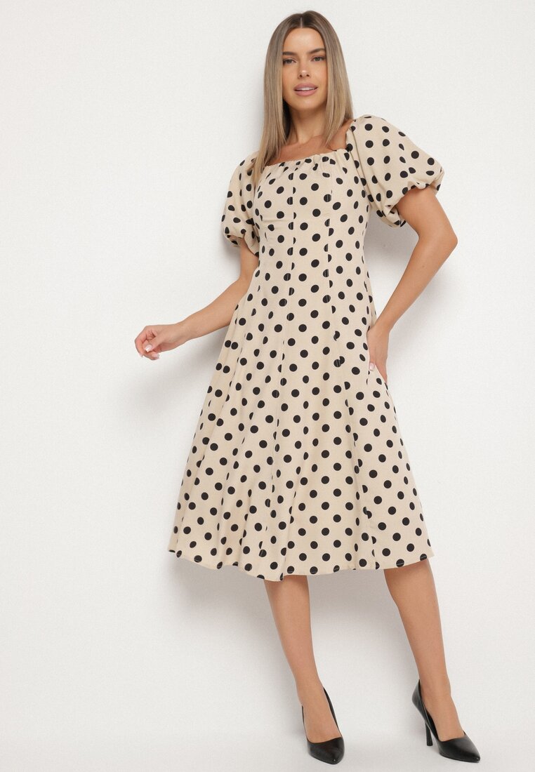 Rochie bej evazată Vices cu buline cu decolteu tip spaniol Zimina