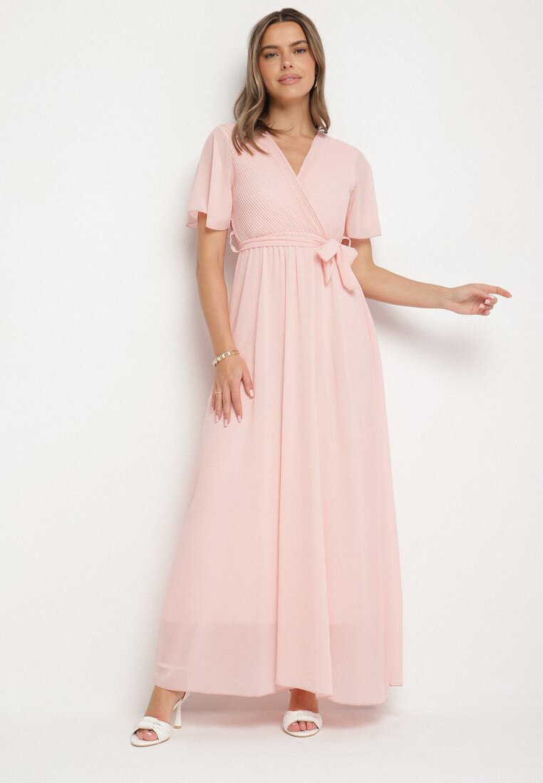 Rochie petrecută roz deschis cu elastic în talie și parte superioară plisată Davitri