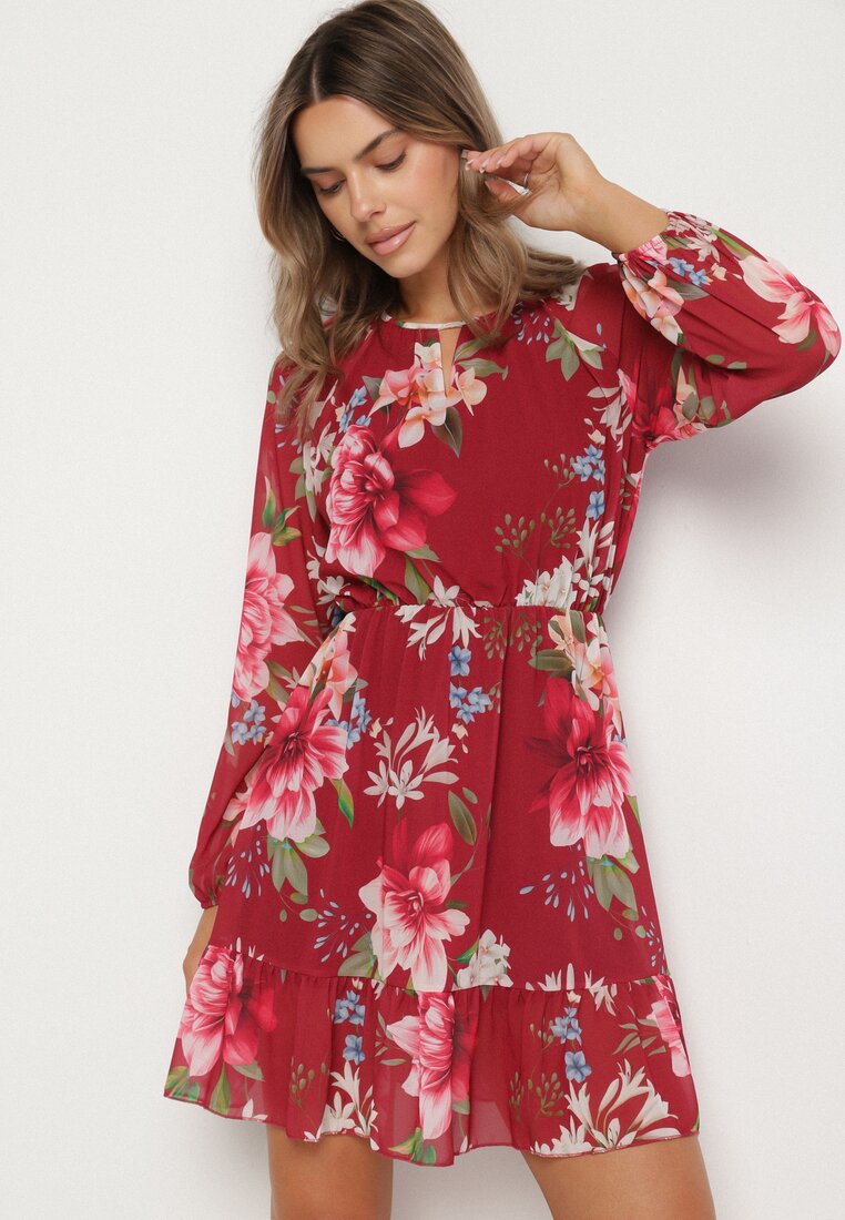 Rochie Bordo cu croi cloș cu flori Zeramera