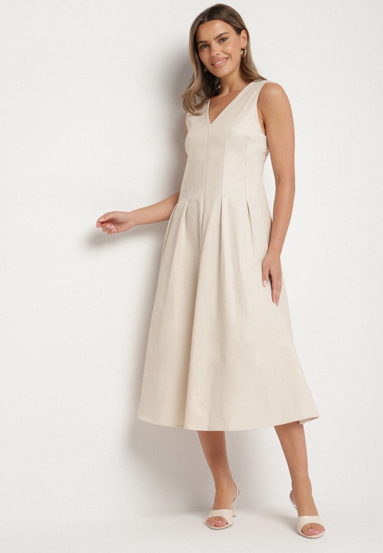 Rochie bej cu croi evazat cu decolteu în V Alifia