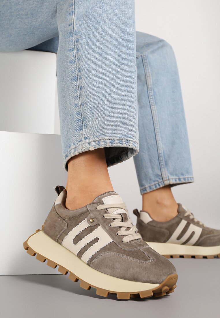 Adidași bej închis din piele cu motiv geometric Melussea