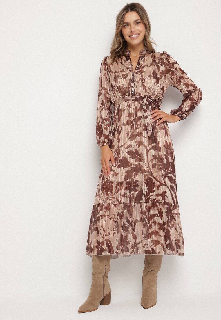 Rochie evazată maro cu centură legată și fir metalic Nalirina