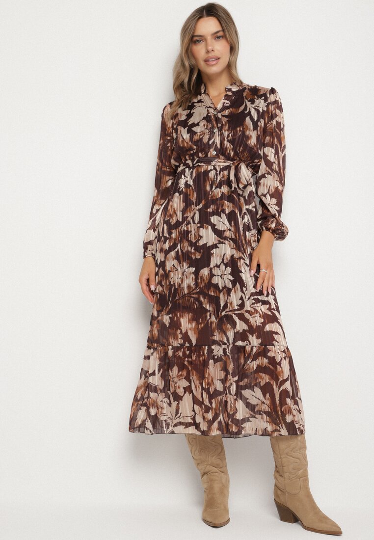 Rochie Bej Evazată cu Cordon și Fir Metalic Nalirina