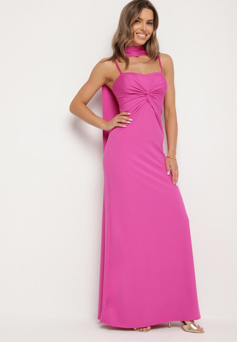 Rochie Fuchsia Cambrată Decorată Cu Șal și Cu Pliuri Melovea