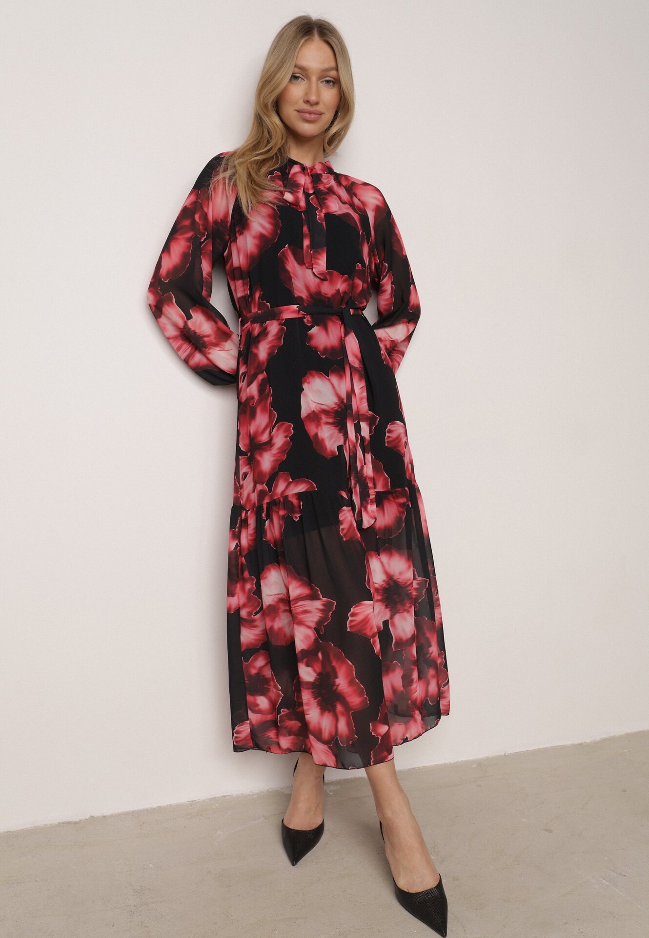 Rochie roșu-negru tip cutie florală cu curea Nifle