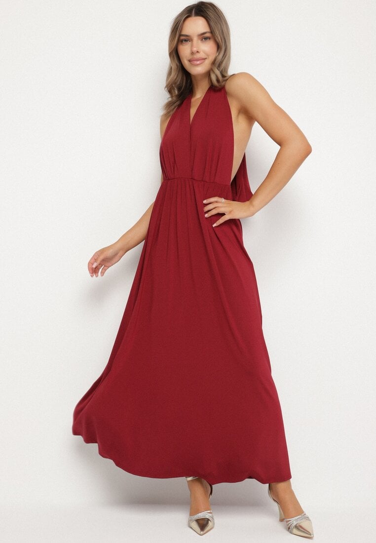 Rochie Cocktail Bordo Multiway cu Vâscoză și Legătură la Gât Lilazza