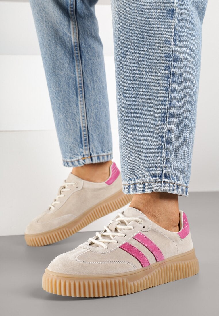 Sneakersuri Bej și Fucsia clasice din piele cu inserții de piele întoarsă naturală Teniresela