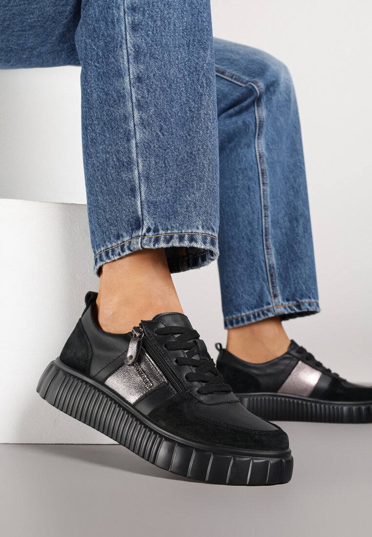 Sneakers Negri Din Piele Decorați Cu Inserție Metalică Cerelie