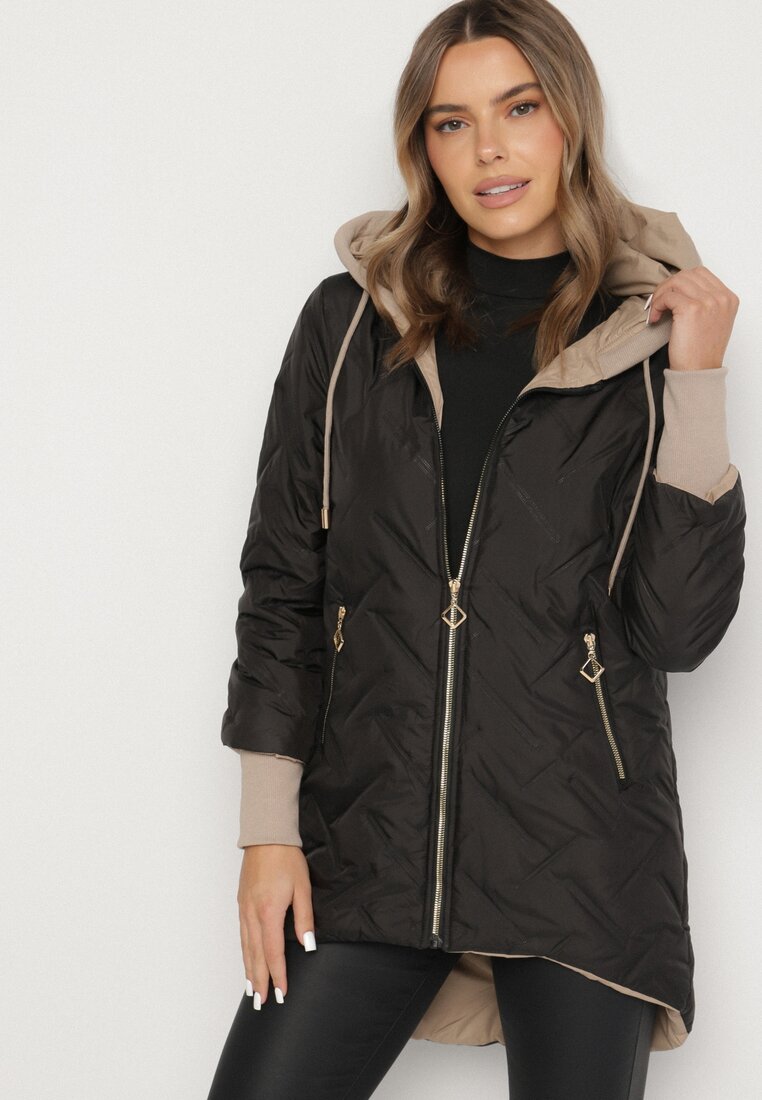 Geacă Neagră Matlasată cu Spate prelungit și Glugă Melune