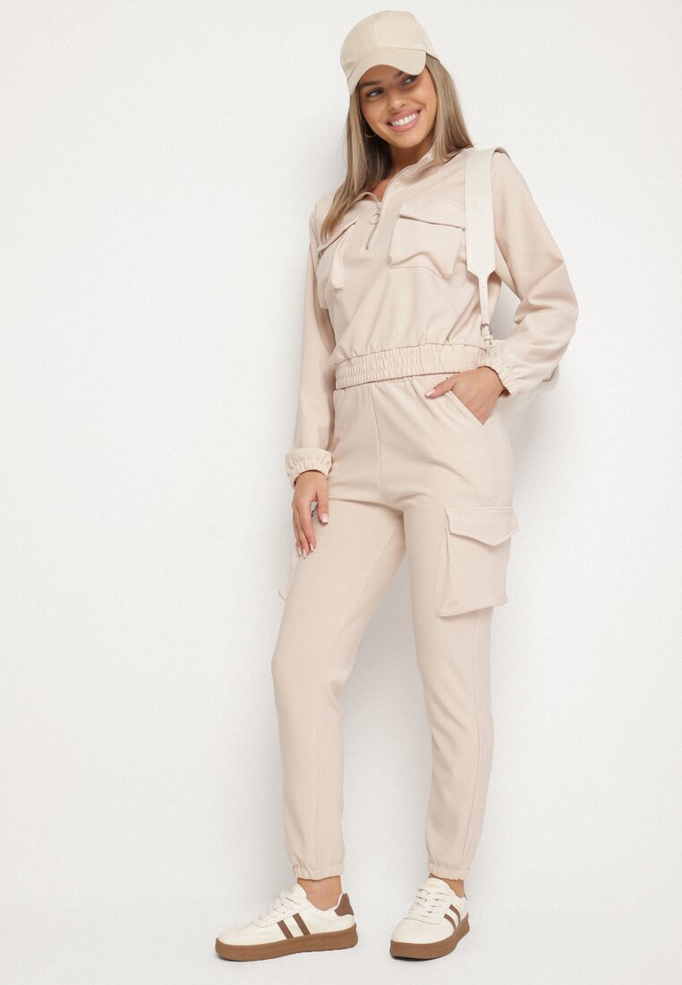 Set Trening Bej în stil Cargo Bluză cu fermoar și Joggeri Sitene