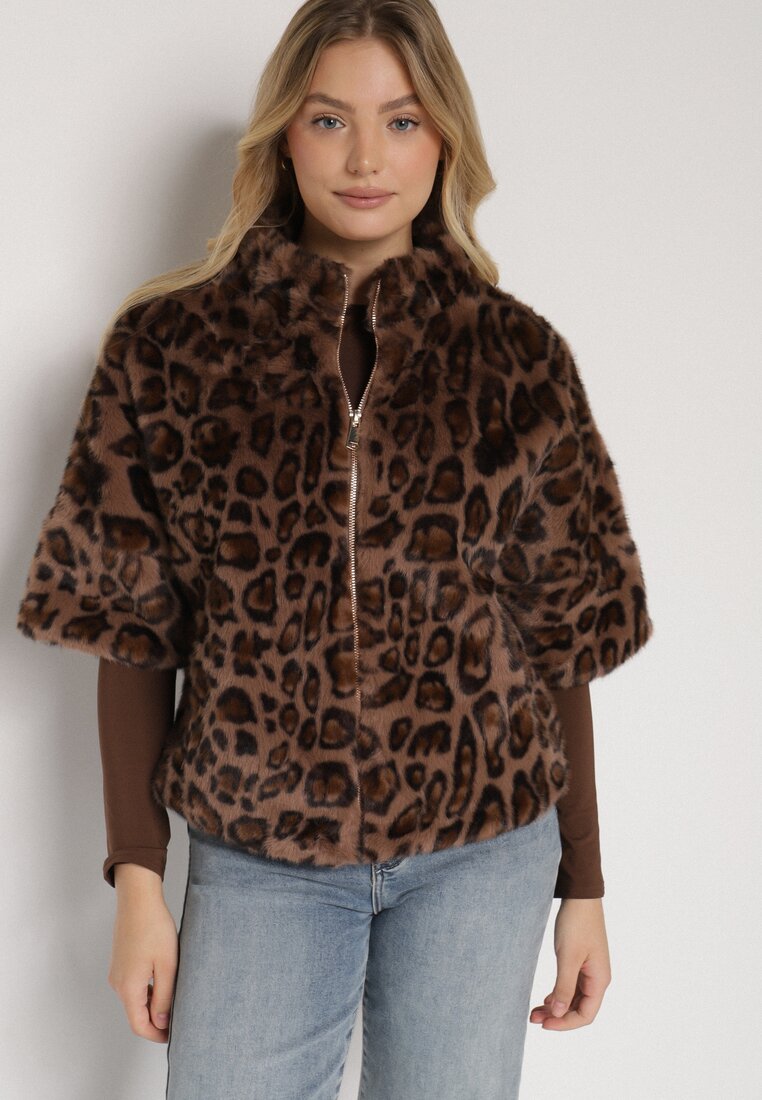 Geacă de blană leopard cu croi trapezoidal cu mâneci 3/4 Tadeira